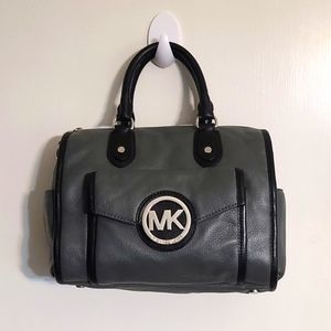 Michael Kors Medium Leather Charcoal Grey And Black Satchel Bag With Long Strap